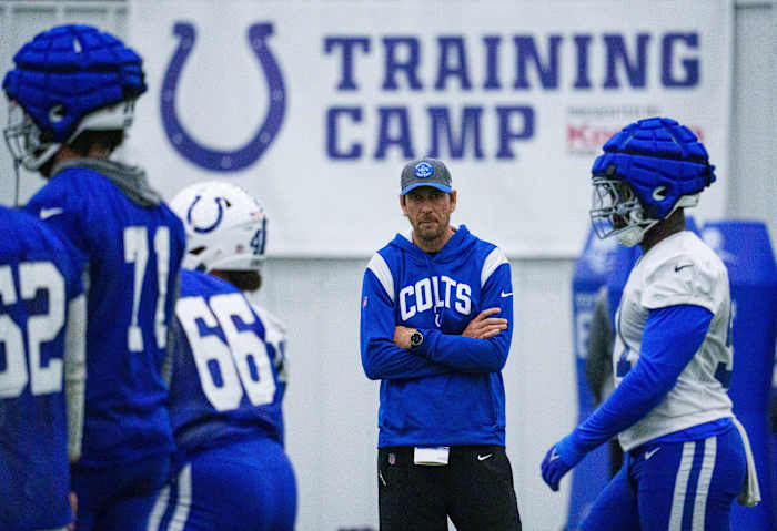 Indianapolis Colts head coach Shane Steichen watches special teams drills Friday, July 28, 2023, during an indoor practice at Grand Park Sports Campus in Westfield, Indiana.